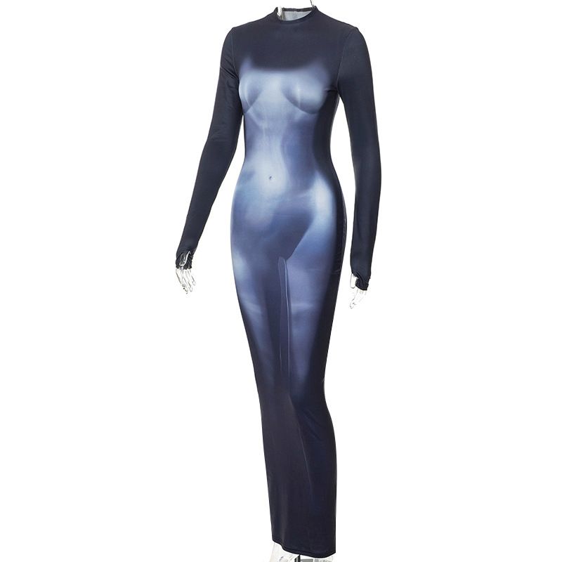 Nude Illusion Silhouette Body Print Dress - Cloudy