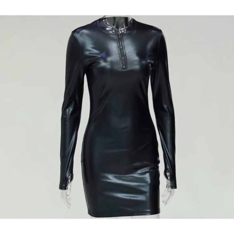 Faux Leather Half-Zip Mini Black Dress