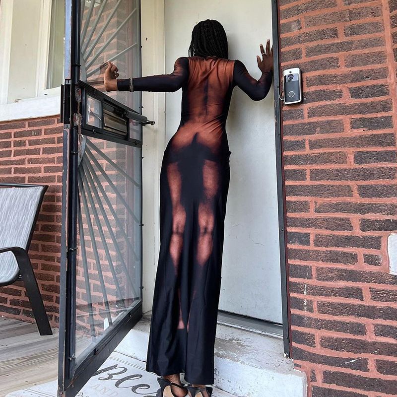 Nude Illusion Silhouette Body Print Dress - Fire