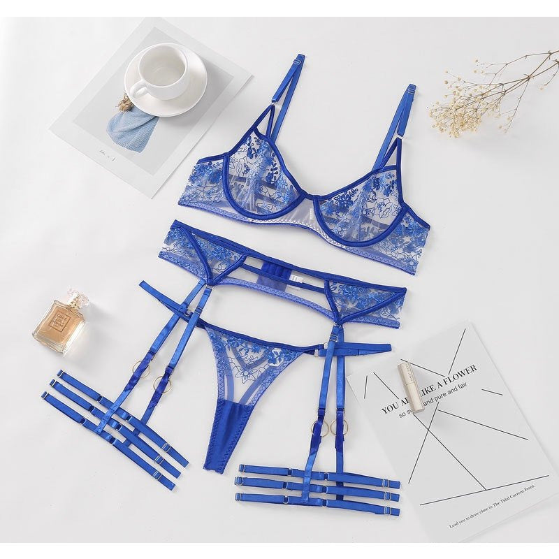Embroidery Garter Royal Blue Exclusive Sexy Set - Expressive Boutique